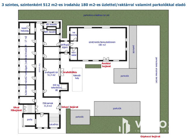 3 szintes, szintenként 512 m2-es irodaház 180 m2es raktárral